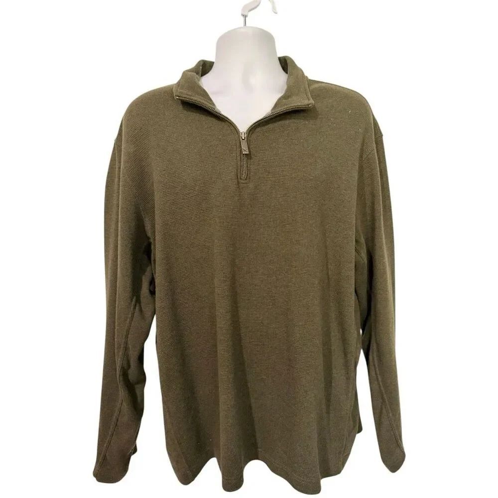 Eddie Bauer Sweater Mens XL Olive Green Waffle Knit 1/4 Zip Mock Neck